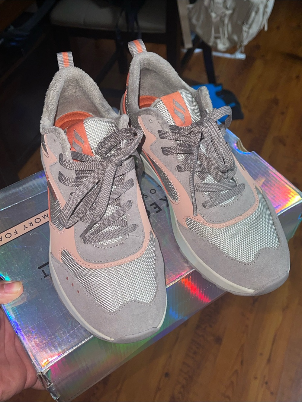 Skechers Women's Gray and Blush Lace-Up Sneakers